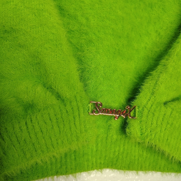 Savage X Fenty Fuzzy Neon Green Cropped Cardigan Metalic Logo Sz M - Picture 2 of 9